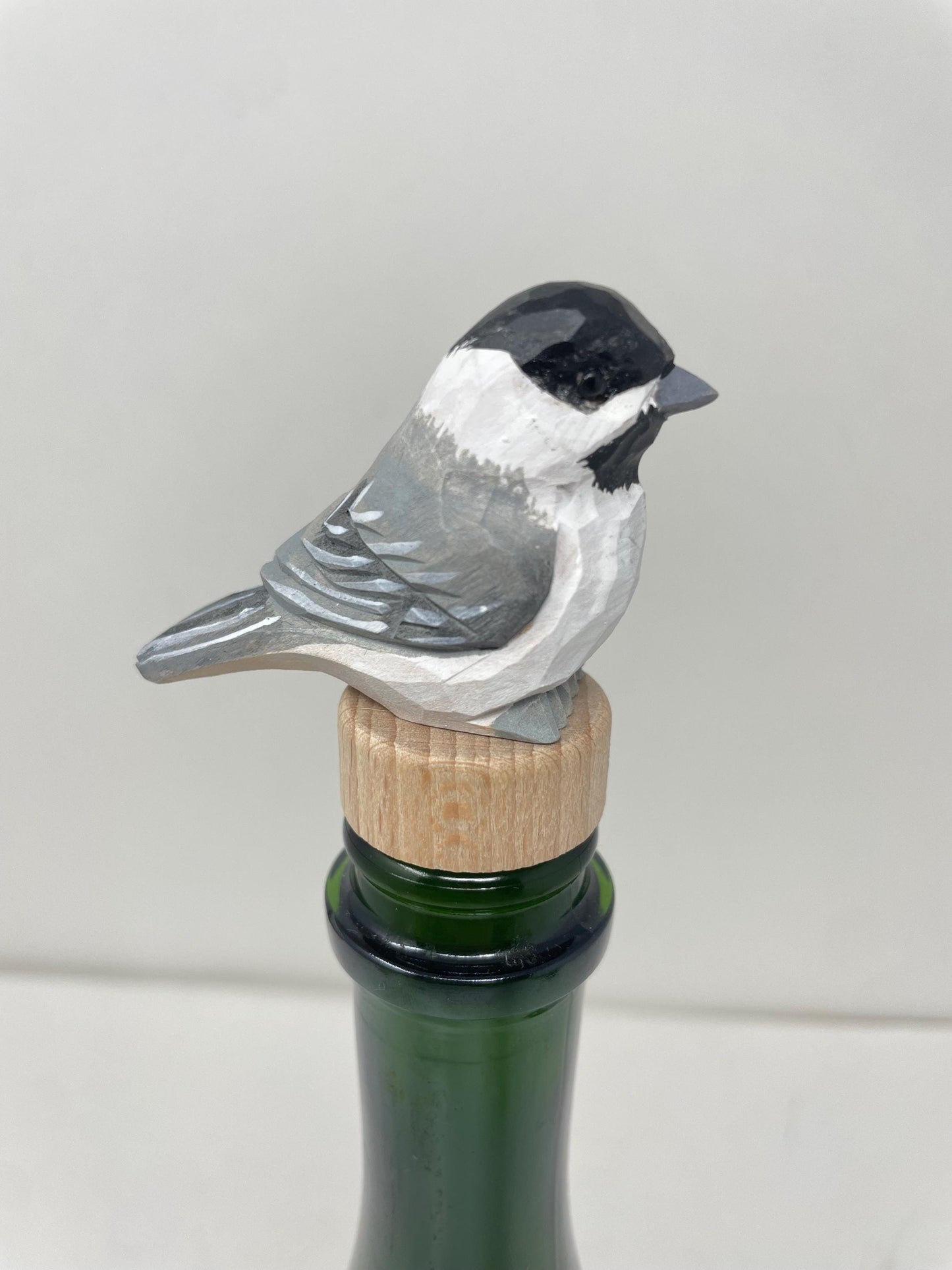 Chickadee Wine Stopper Wooden Figurine | Hand Carved Black-Capped Bird Figurine
