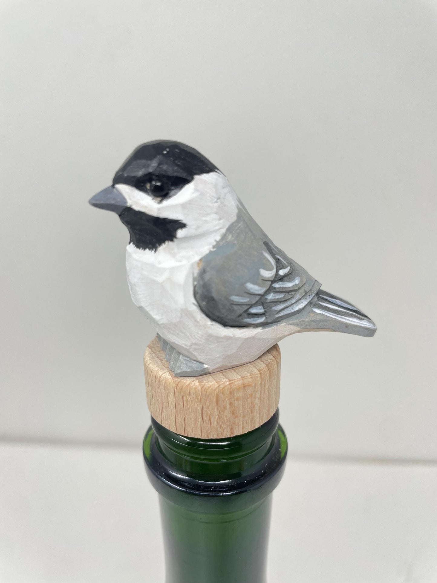 Chickadee Wine Stopper Wooden Figurine | Hand Carved Black-Capped Bird Figurine