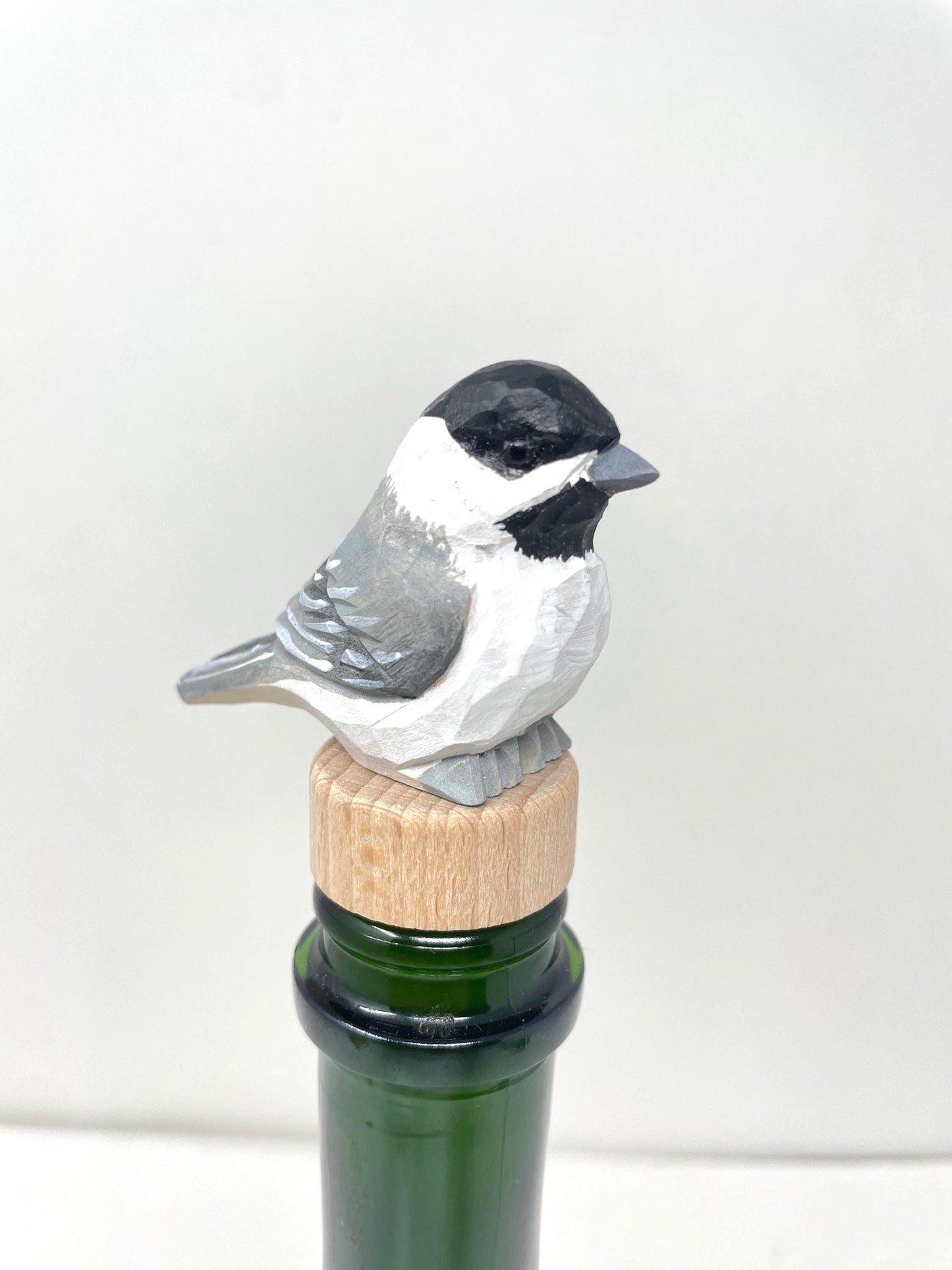 Chickadee Wine Stopper Wooden Figurine | Hand Carved Black-Capped Bird Figurine