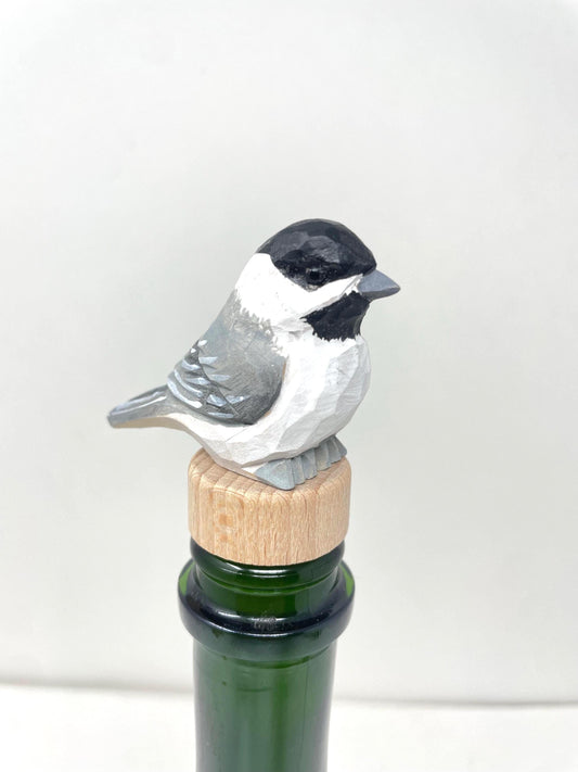 Chickadee Wine Stopper Wooden Figurine | Hand Carved Black-Capped Bird Figurine