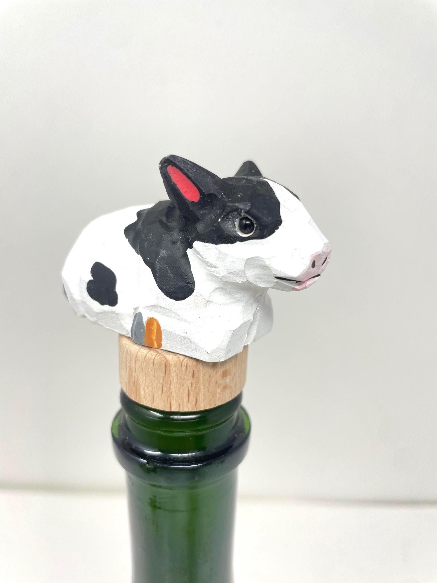 Spotted Cow Wine Stopper Wooden Figurine | Hand Carved Farm Animal Collectible