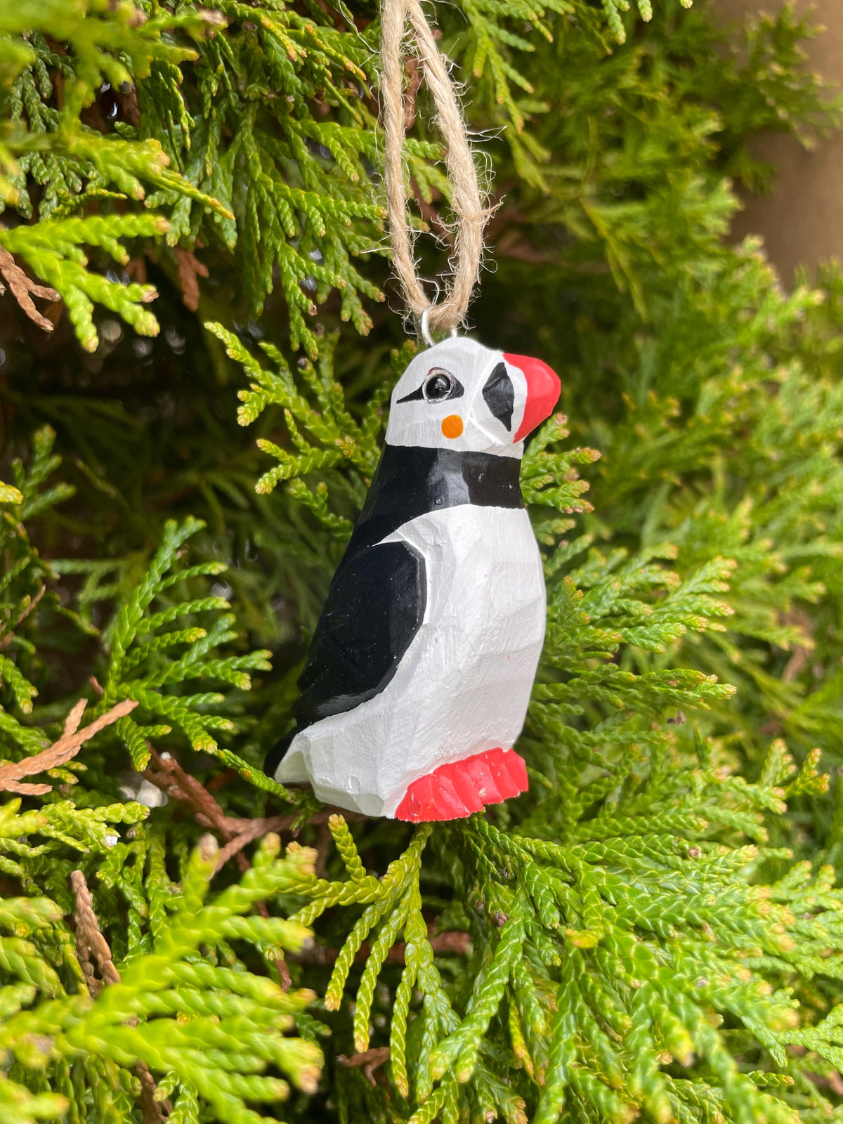Hand-Painted Wooden Puffin Ornament – Recycled Arctic Bird Art Miniature Carving