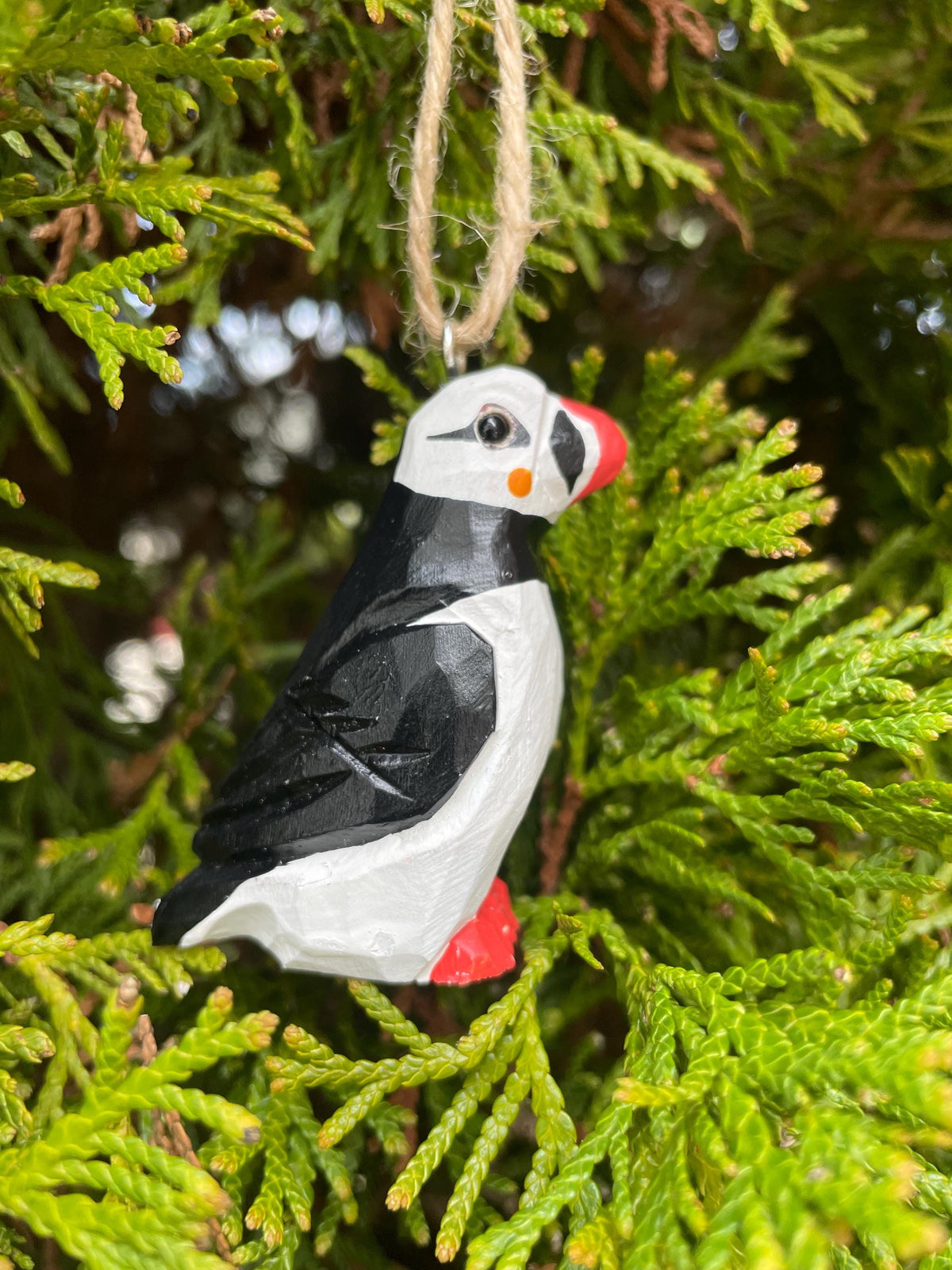 Hand-Painted Wooden Puffin Ornament – Recycled Arctic Bird Art Miniature Carving