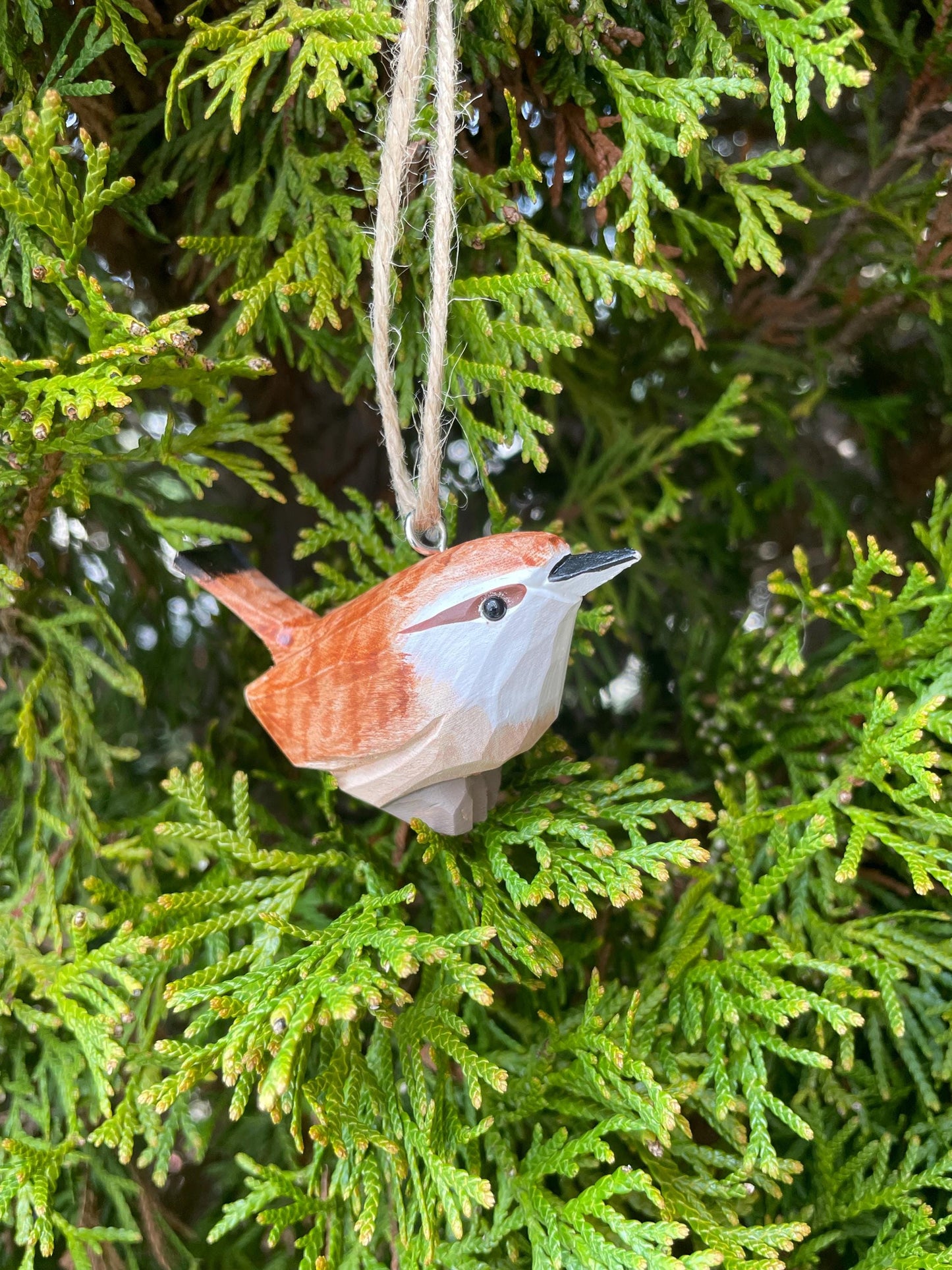 Carolina Wren Hand-Carved Wooden Ornament, Recycled Wood Bird Figurine, Miniature Art Craft