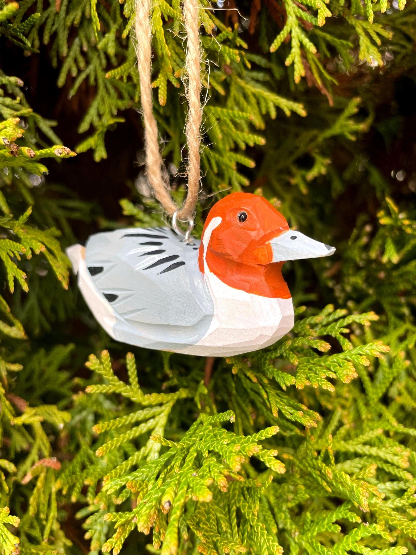Hand-Carved Recycled Wood Pintail Duck Ornament, Hand-Painted Bird Figurine, Glass Eyes