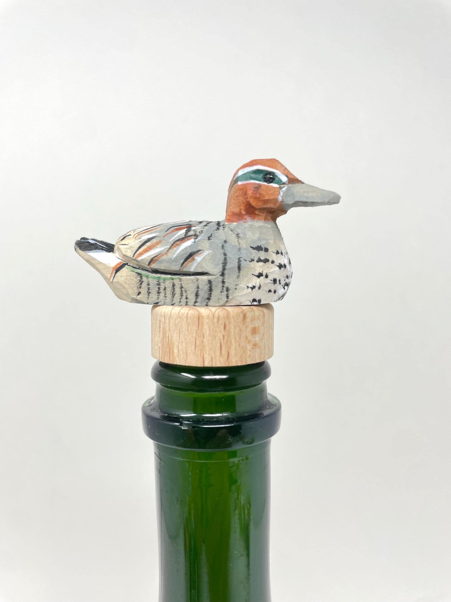 Eurasian Teal Hand-Carved Wooden Wine Stopper – Rustic Bottle Plug