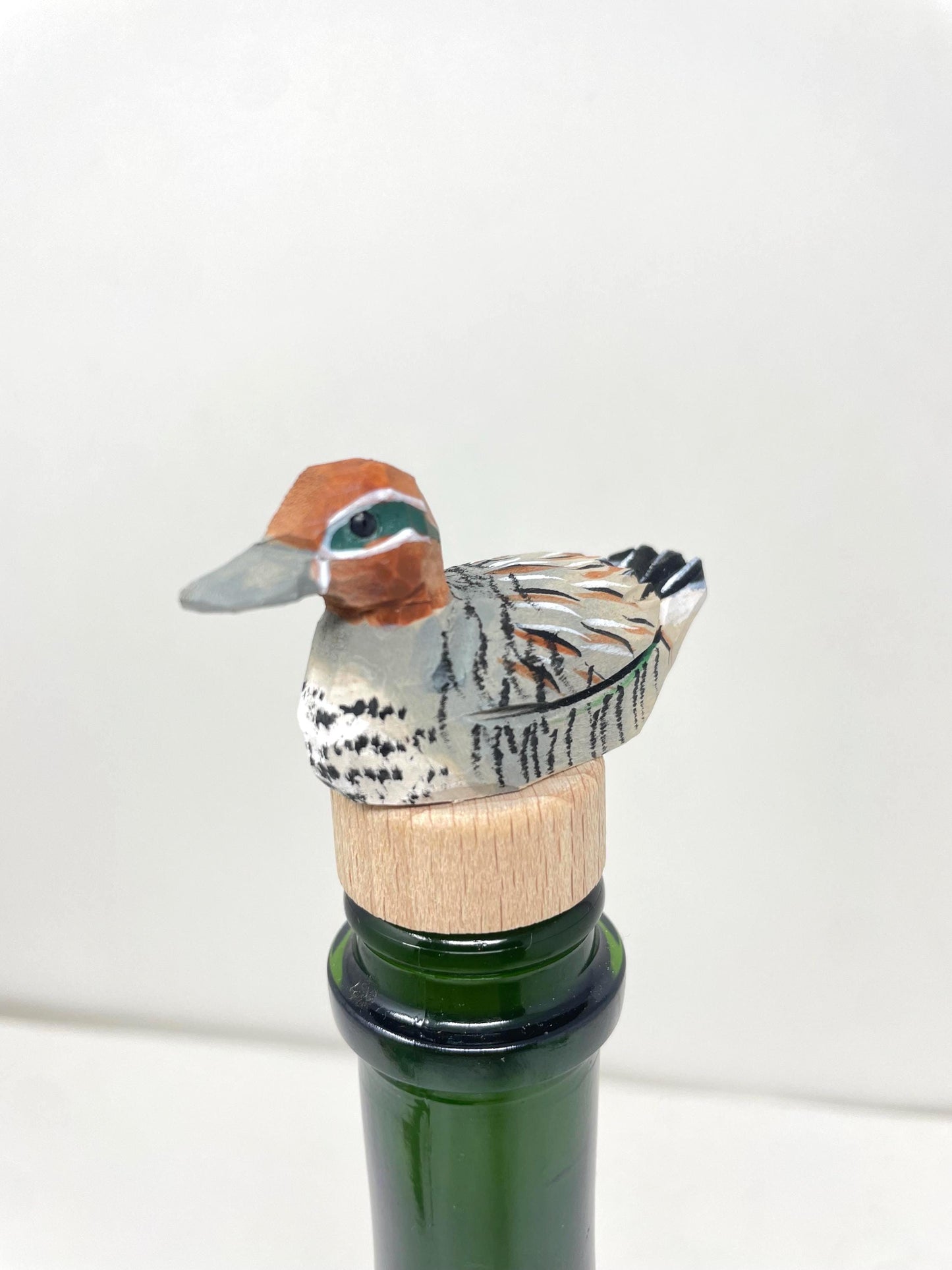 Eurasian Teal Hand-Carved Wooden Wine Stopper – Rustic Bottle Plug