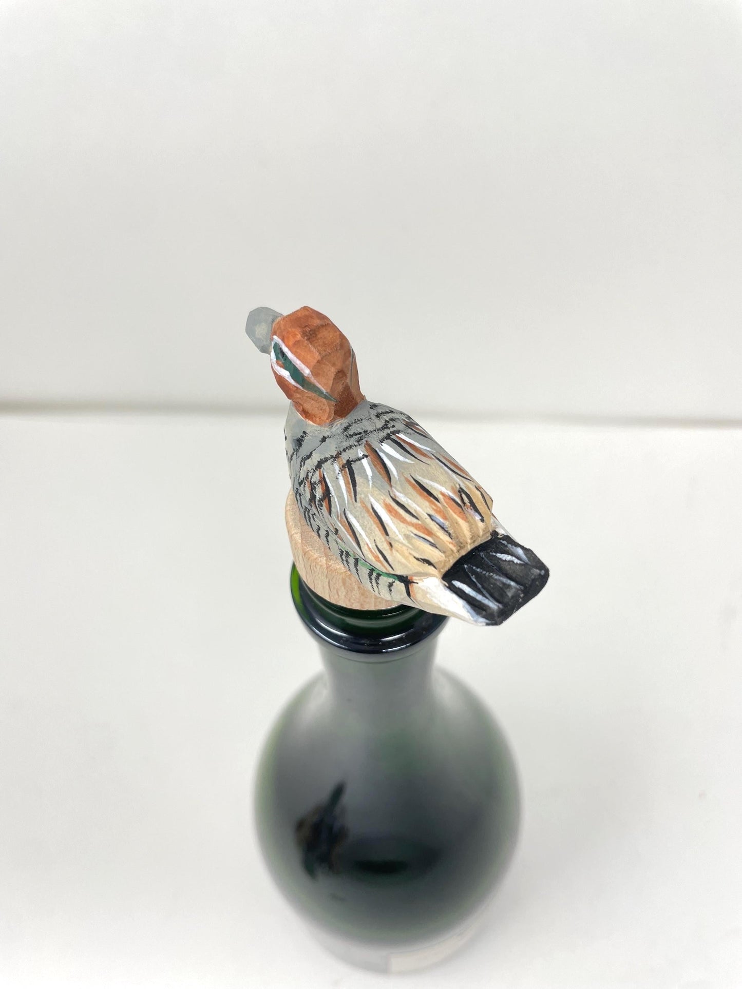 Eurasian Teal Hand-Carved Wooden Wine Stopper – Rustic Bottle Plug