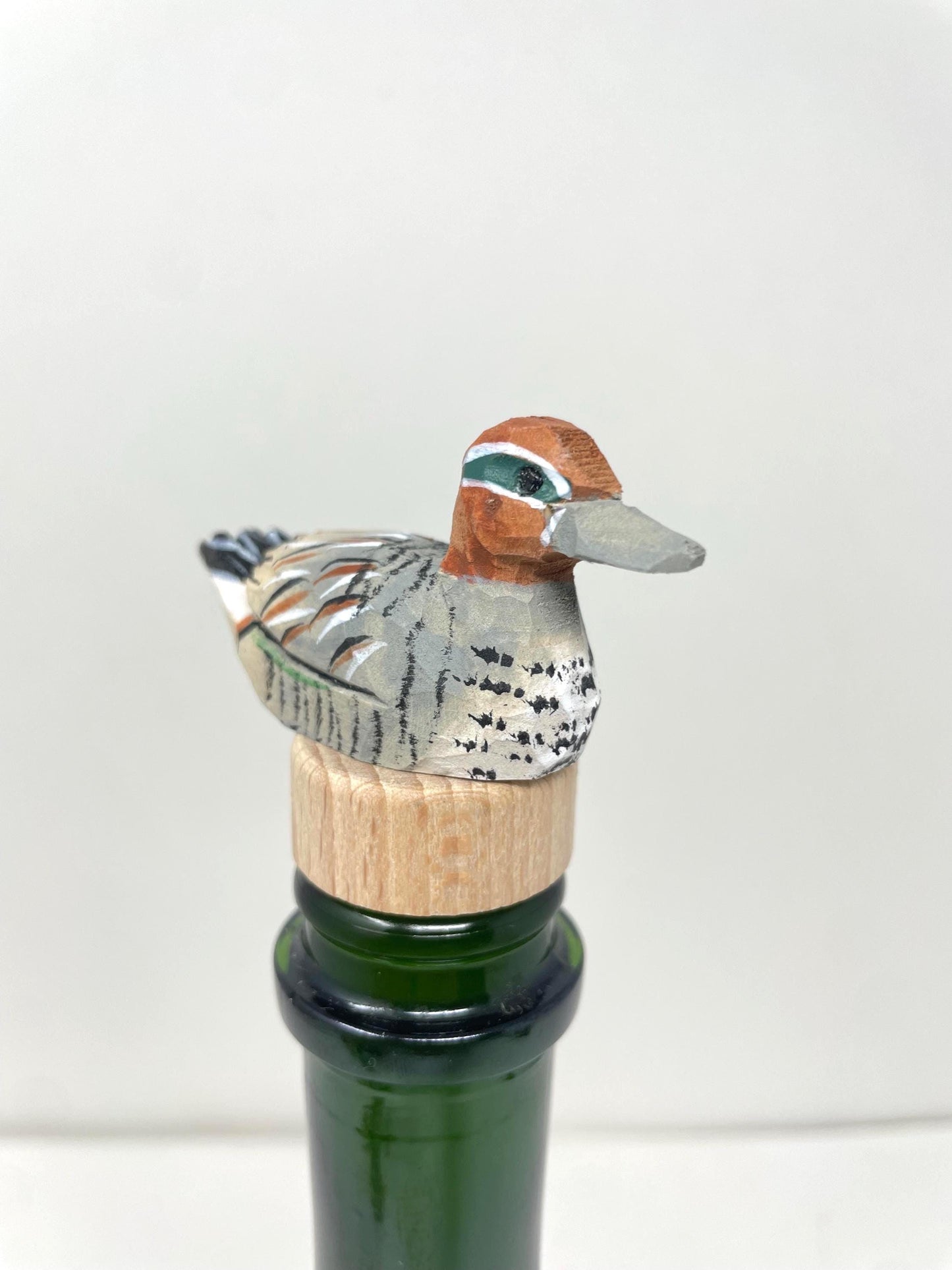 Eurasian Teal Hand-Carved Wooden Wine Stopper – Rustic Bottle Plug