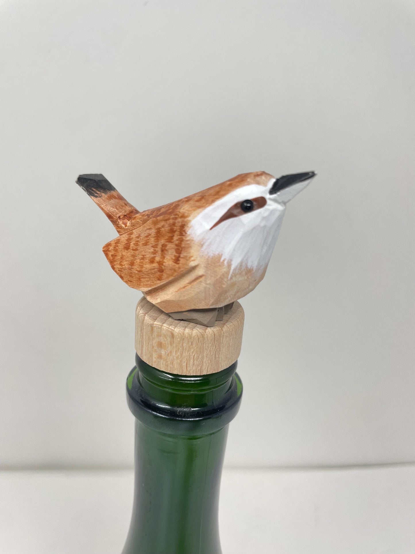 Carolina Wren Wine Stopper Wood Figurine Statue Common Bird Miniature Handmade Art Craft