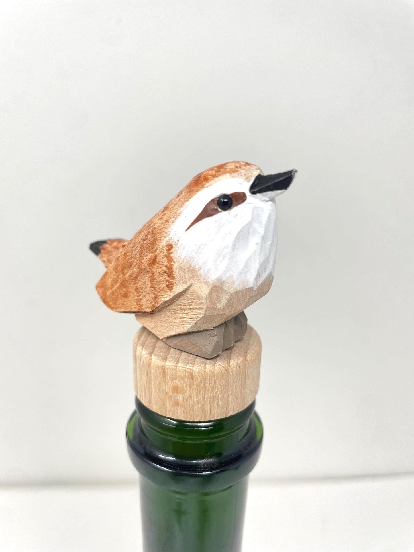 Carolina Wren Wine Stopper Wood Figurine Statue Common Bird Miniature Handmade Art Craft