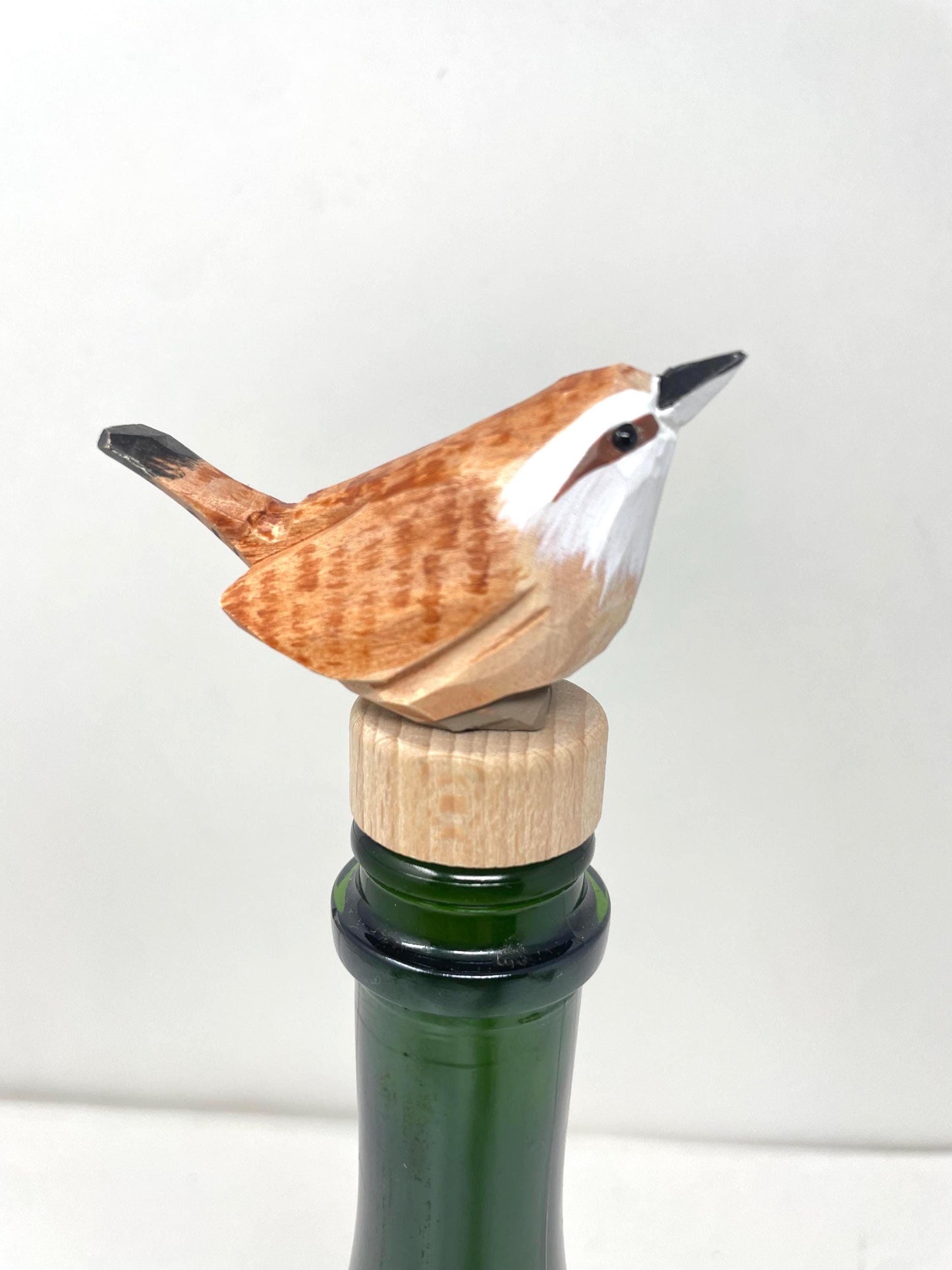 Carolina Wren Wine Stopper Wood Figurine Statue Common Bird Miniature Handmade Art Craft