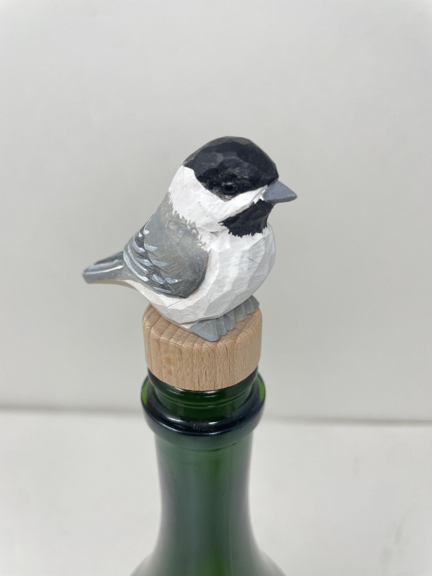 Chickadee Wine Stopper Wooden Figurine | Hand Carved Black-Capped Bird Figurine