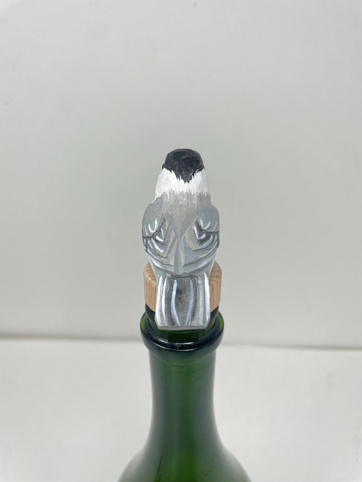 Chickadee Wine Stopper Wooden Figurine | Hand Carved Black-Capped Bird Figurine