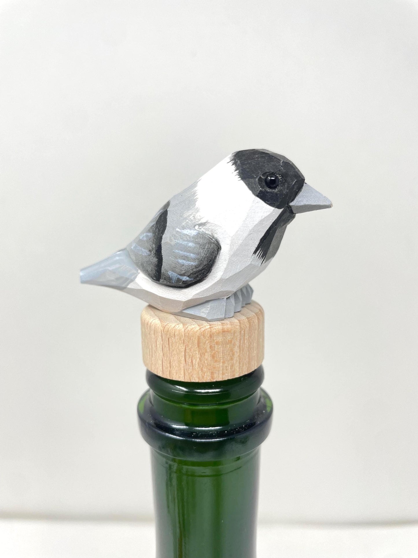 Chickadee Wine Stopper Wooden Figurine | Hand Carved Black-Capped Bird Figurine