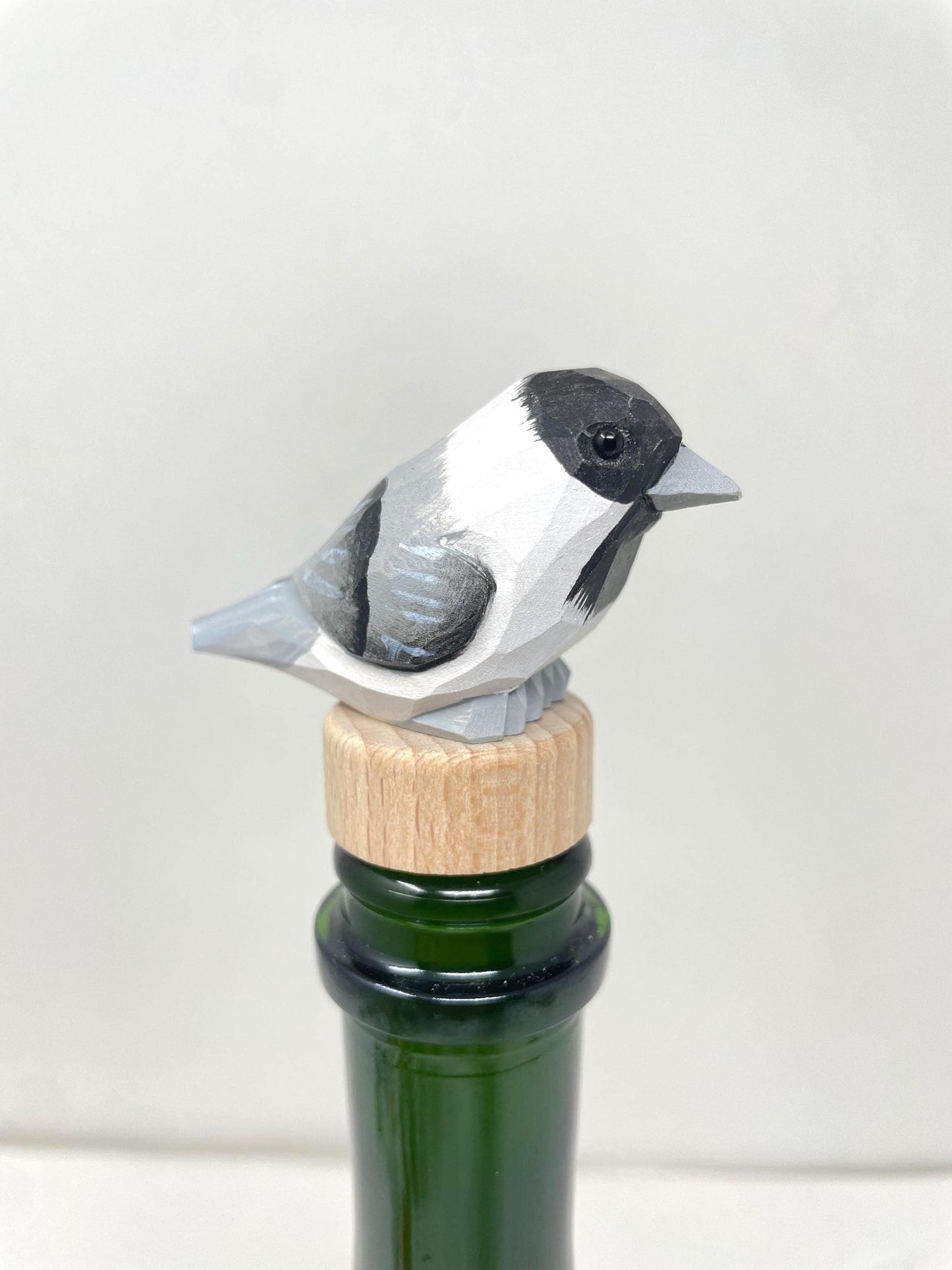 Chickadee Wine Stopper Wooden Figurine | Hand Carved Black-Capped Bird Figurine