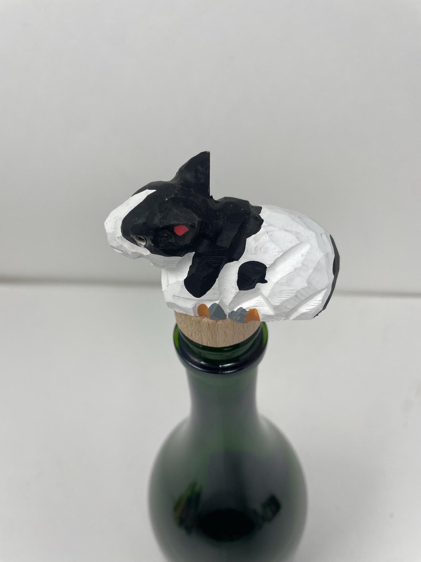 Spotted Cow Wine Stopper Wooden Figurine | Hand Carved Farm Animal Collectible