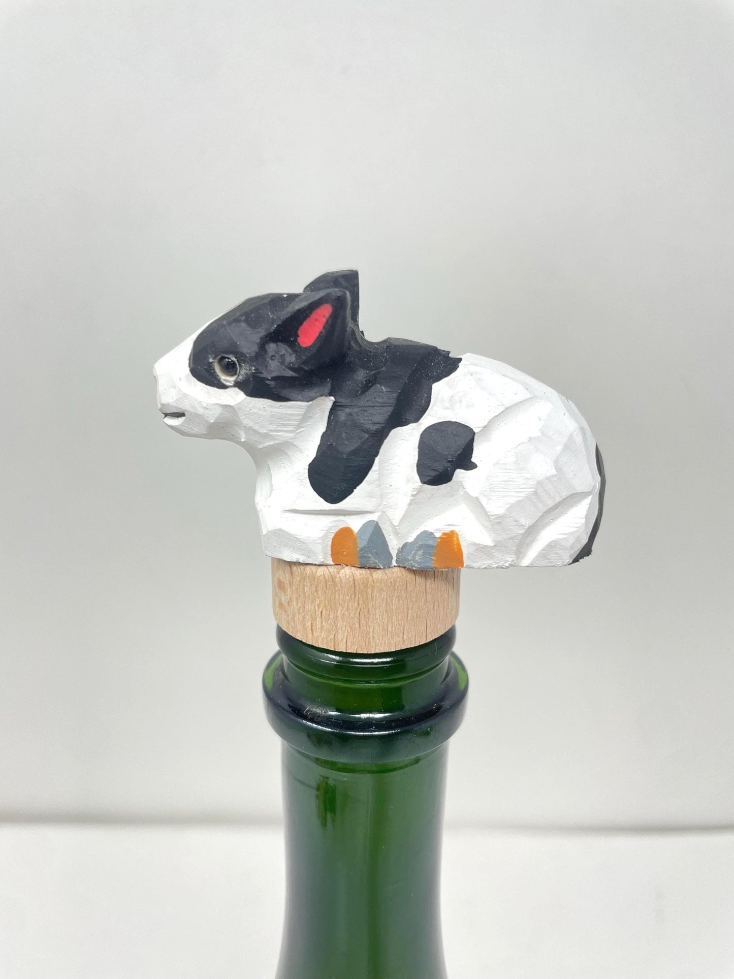 Spotted Cow Wine Stopper Wooden Figurine | Hand Carved Farm Animal Collectible