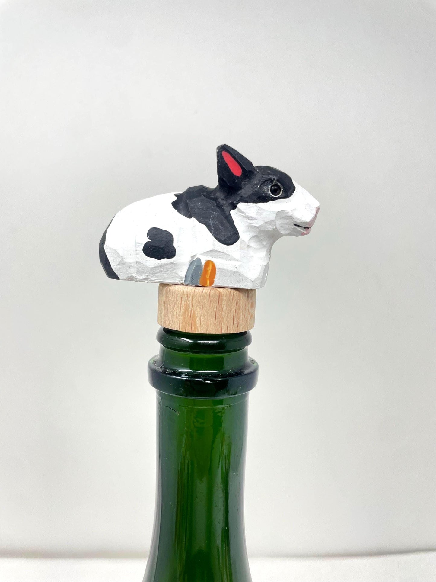 Spotted Cow Wine Stopper Wooden Figurine | Hand Carved Farm Animal Collectible
