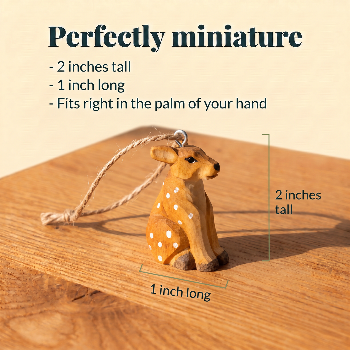 Wooden Deer Fawn ornament with a twine loop on a sunlit wood table, measured at 2 inches tall and 1 inch long. Text reads: Perfectly miniature, fits right in the palm of your hand.