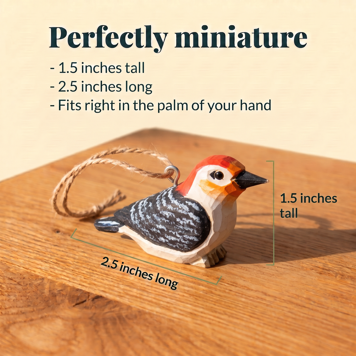 Wooden Red-Bellied Woodpecker ornament with a twine loop on a sunlit wood table, measured at 1.5 inches tall and 2.5 inches long. Text reads: Perfectly miniature, fits right in the palm of your hand.