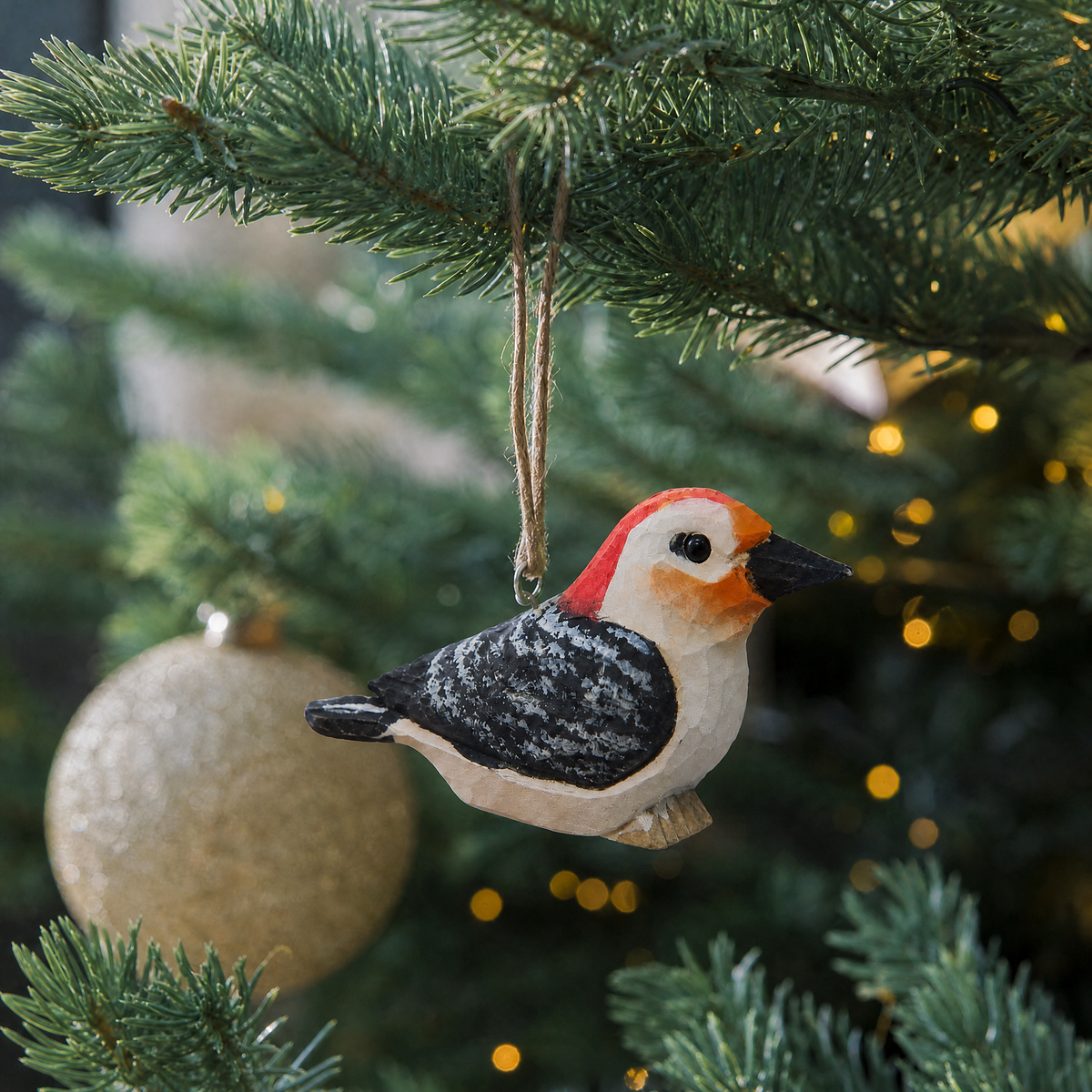 Red-Bellied Woodpecker wooden ornament hanging by natural twine from a Christmas tree branch, with warm string lights and a gold glitter ball ornament behind it.