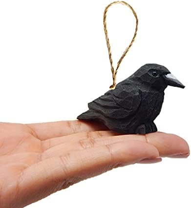 Raven Crow Black Bird Ornament Wood Hanging Figurine Holiday Decoration Handmade Carving Small Animal